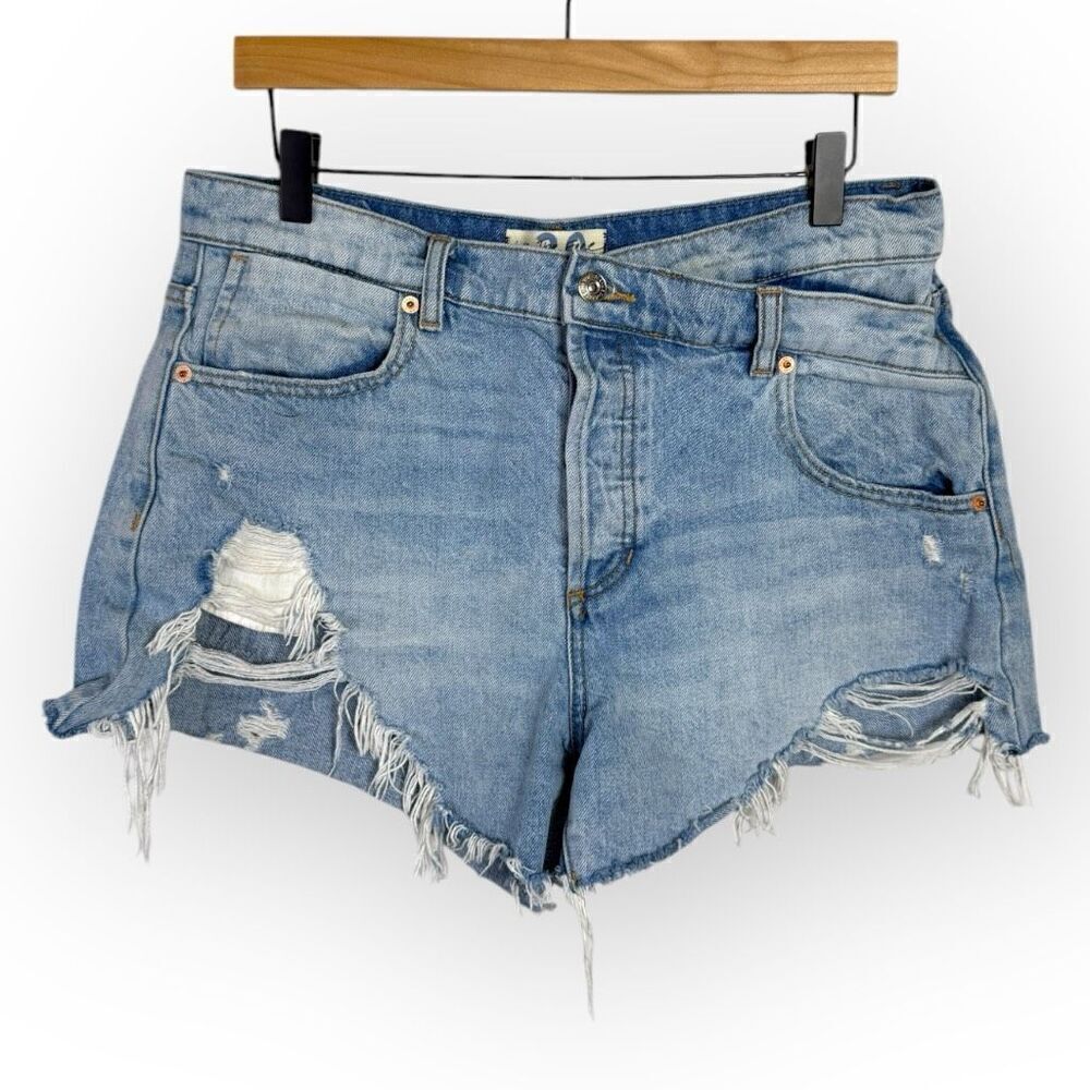 We the Free People Criss Cross Fray Denim Button Fly Cut Off Jean Shorts